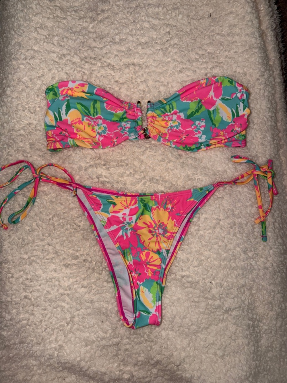 SHEIN Floral Bandeau Bikini Set in Pink, Yellow, Green